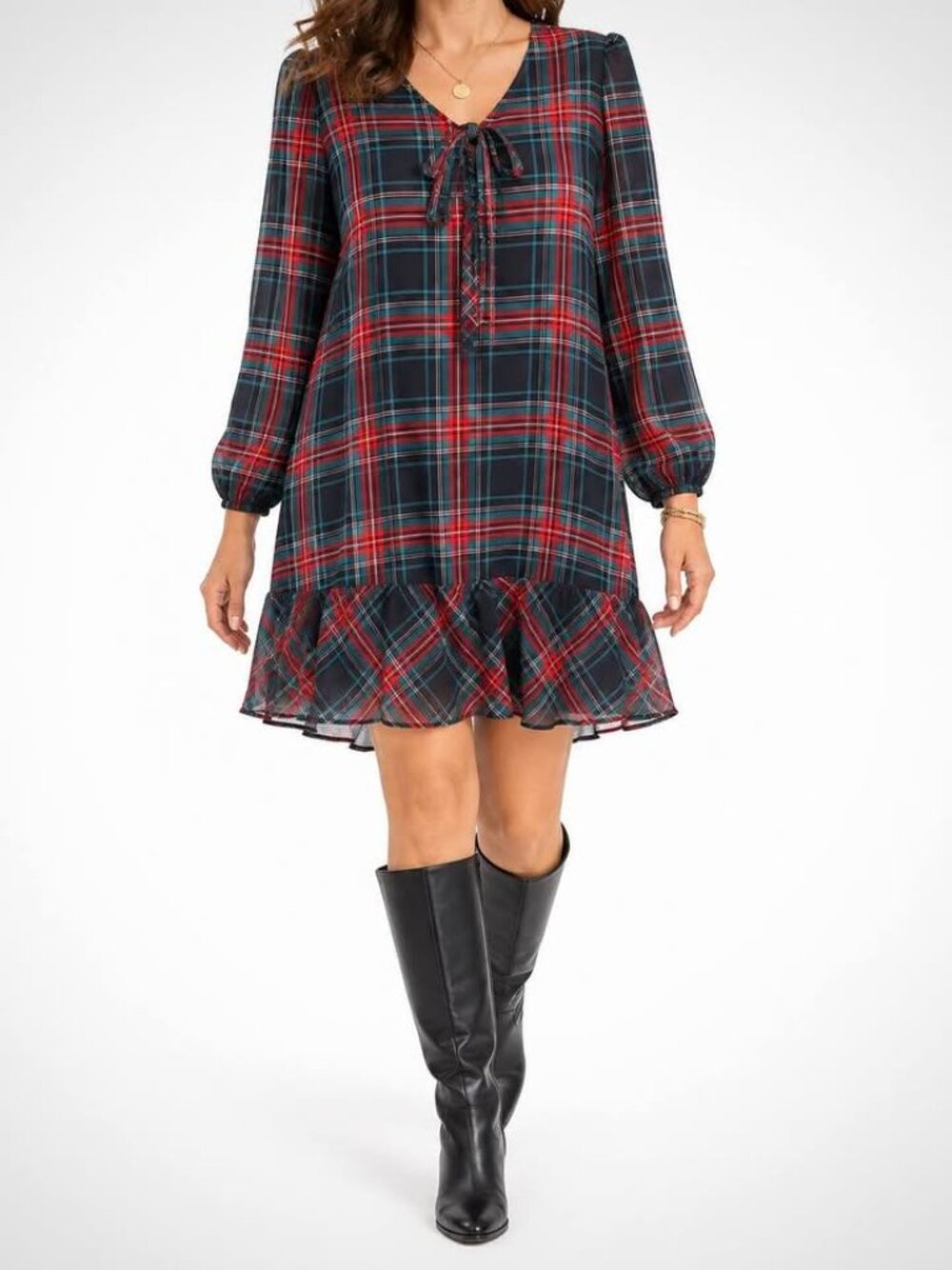 Draper James Tartan Plaid Festive Holiday Tie Neck Long Sleeve Dress [size L]